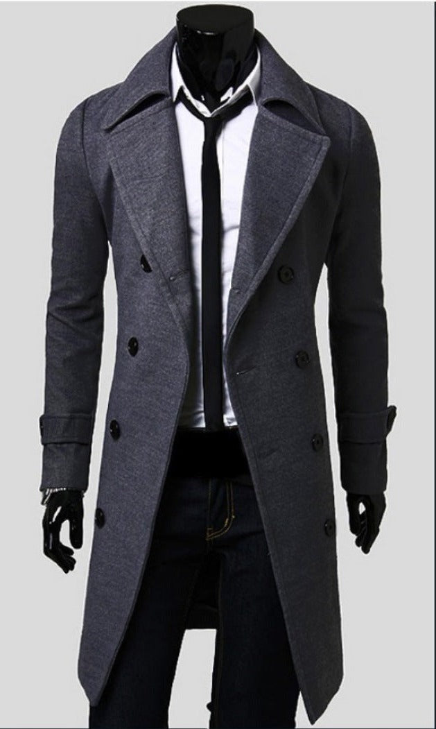 Slim Double-Breasted Long Coat – Men – Charcoal – front